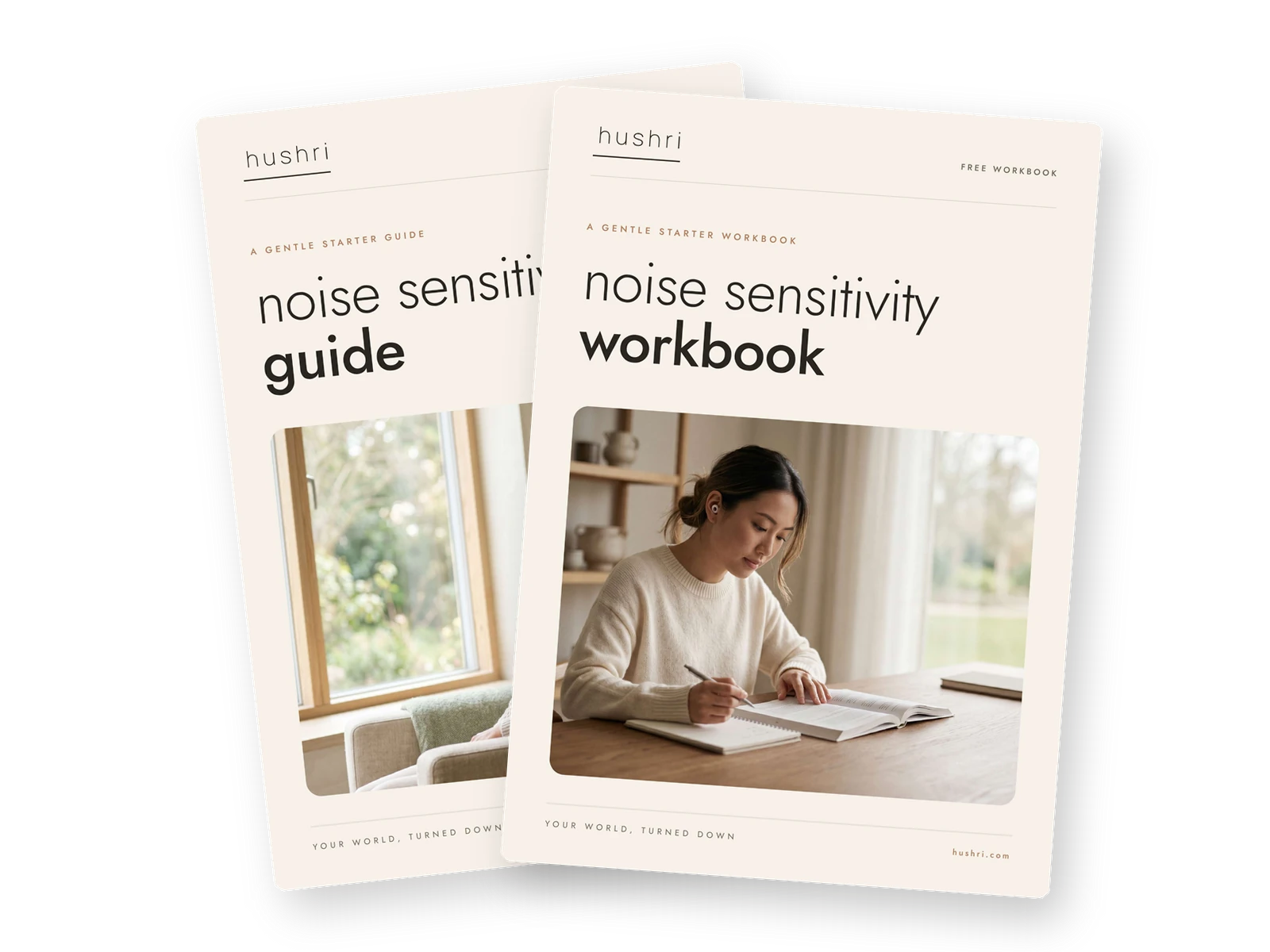 Covers of the free hushri noise sensitivity guide and its companion workbook.