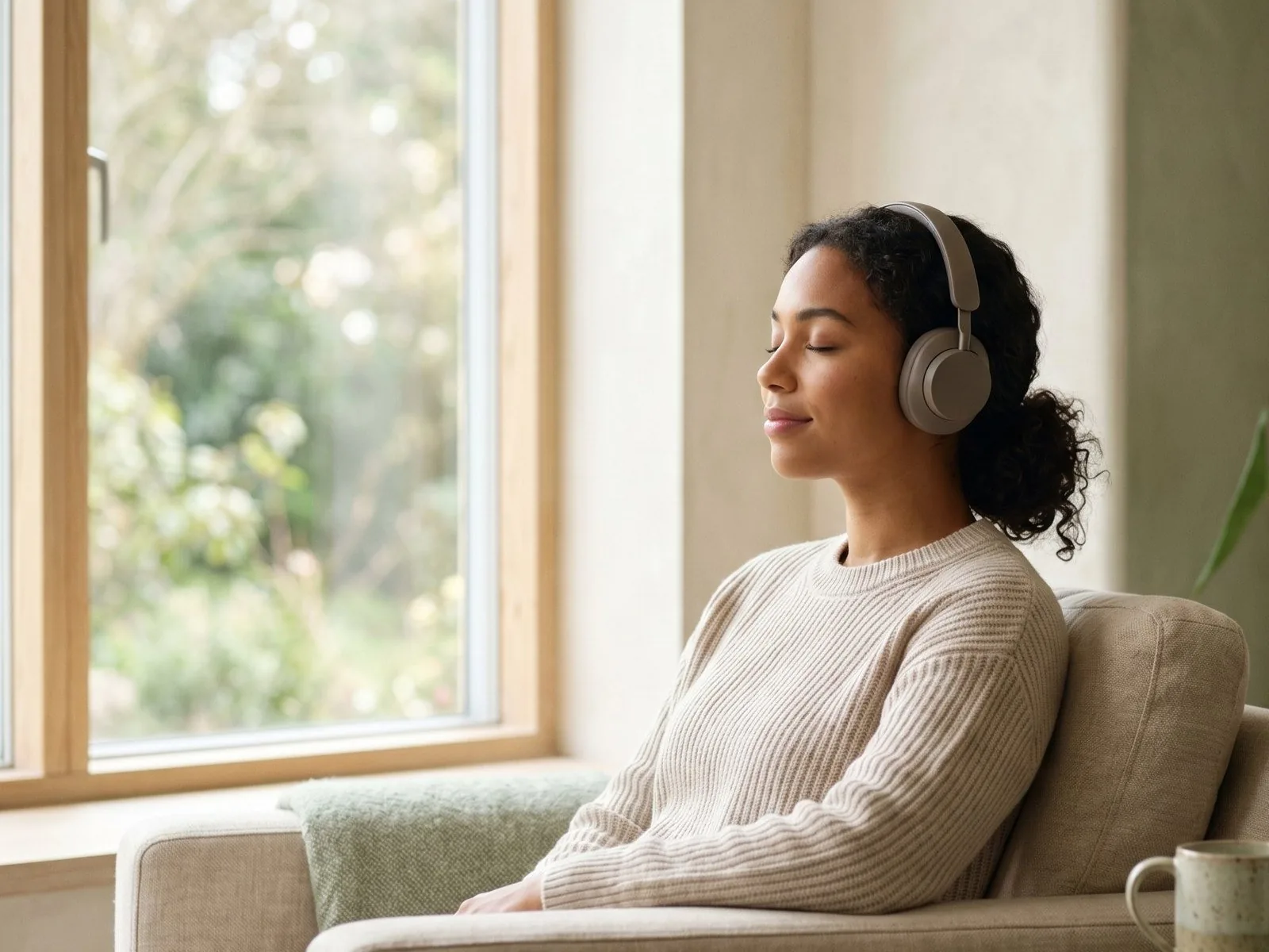 A woman sitting calmly in an armchair with headphones on, her eyes closed, taking a quiet moment.