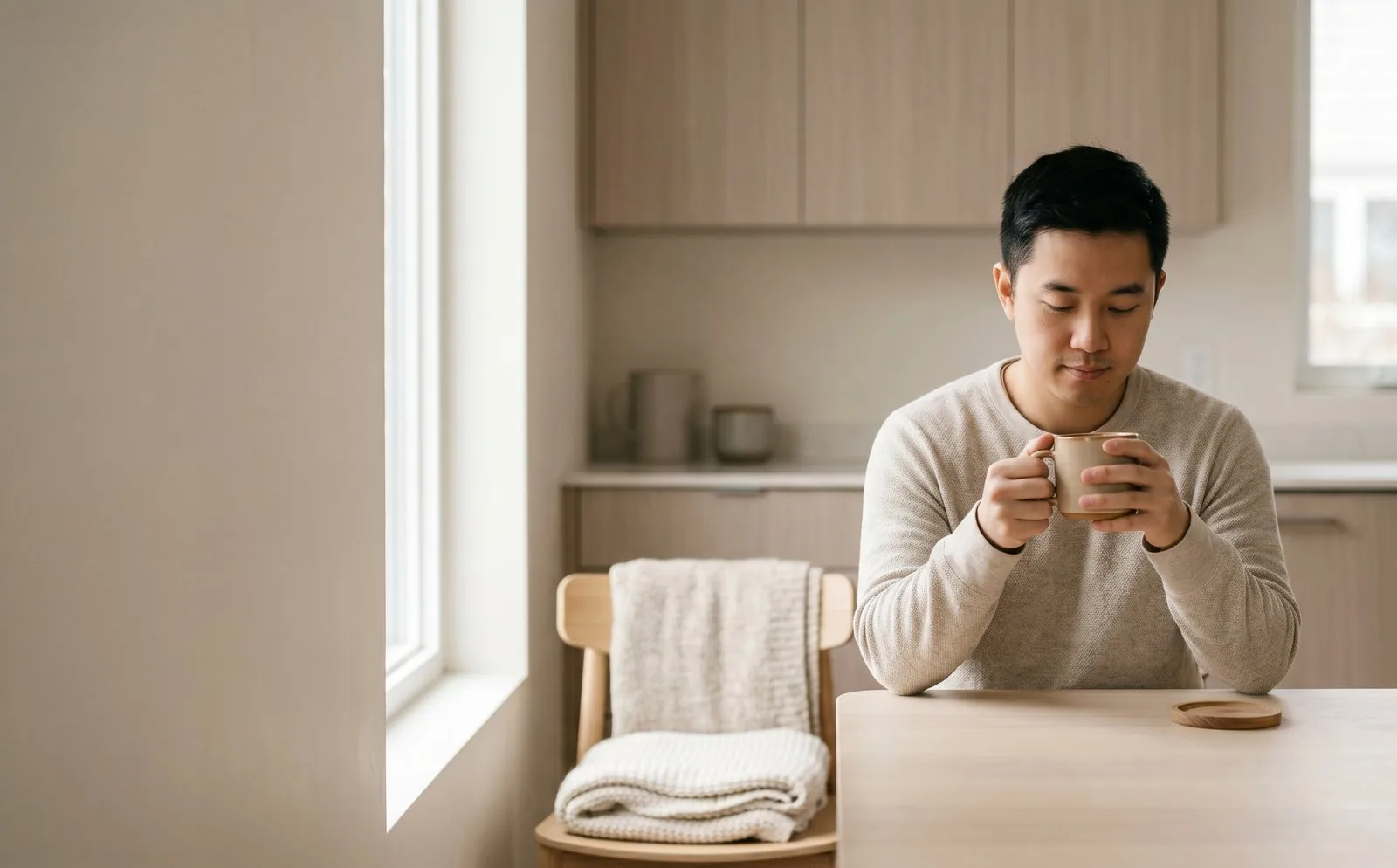 A quiet moment with a warm drink at the kitchen table