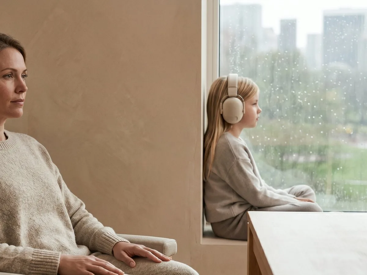 A woman sitting calmly in soft window light, taking a quiet moment.